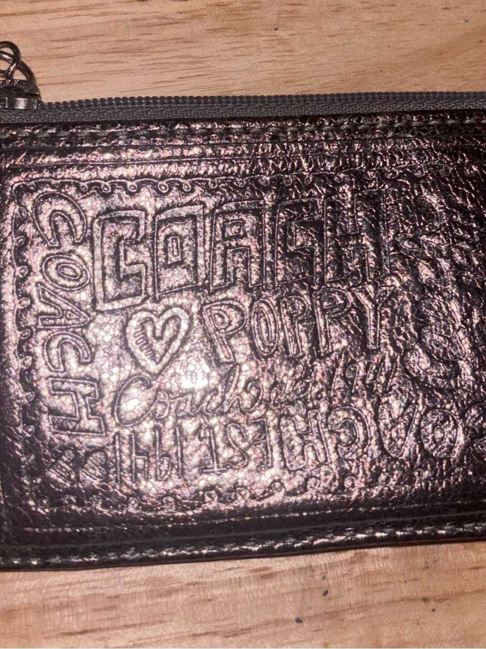 Coach Metallic Poppy Embossed Zip Card Case - Bronze
